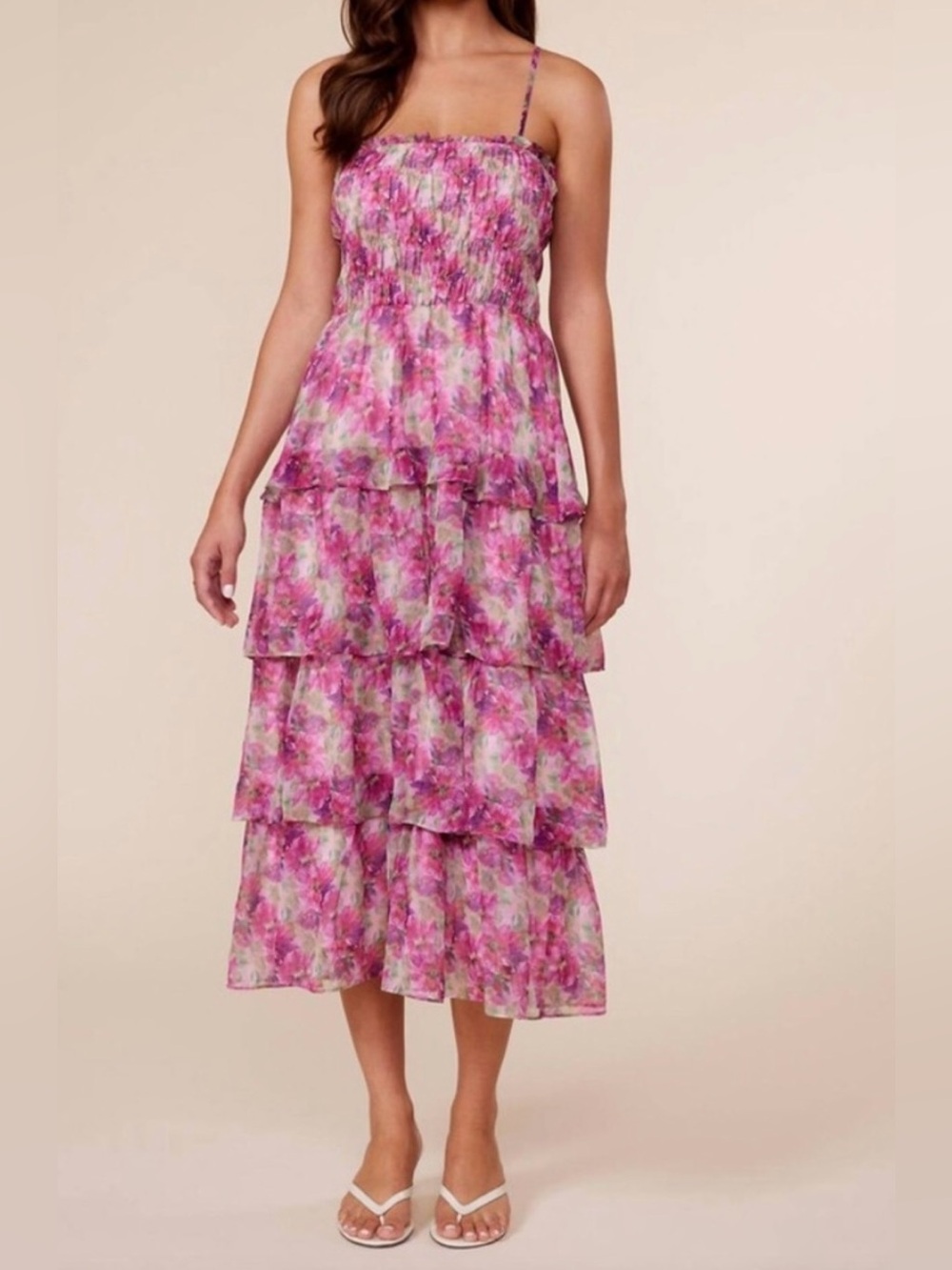 Lucy Paris Hyacinth Smocked Tiered Pink Floral Midi Dress sz Med